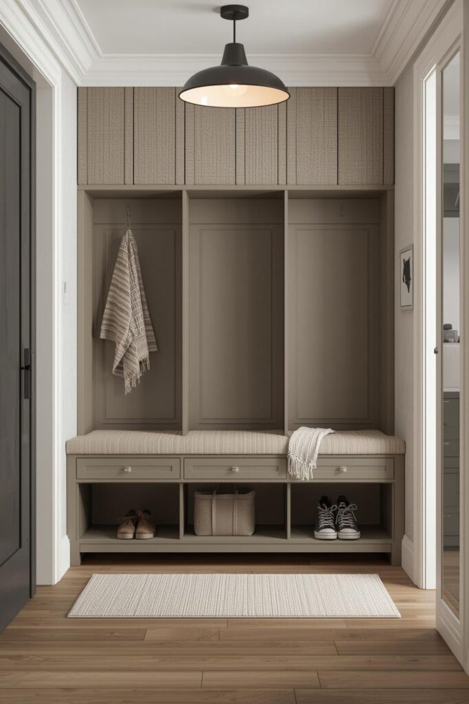 Greige Shoe Cabinet Bench With Cushion Seat And Pull-Out Drawers