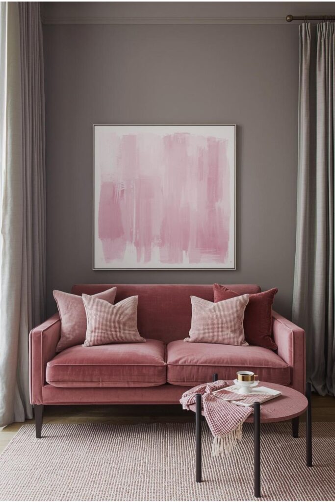 Greige Velvet Loveseat with Soft Pink Abstract Artwork
