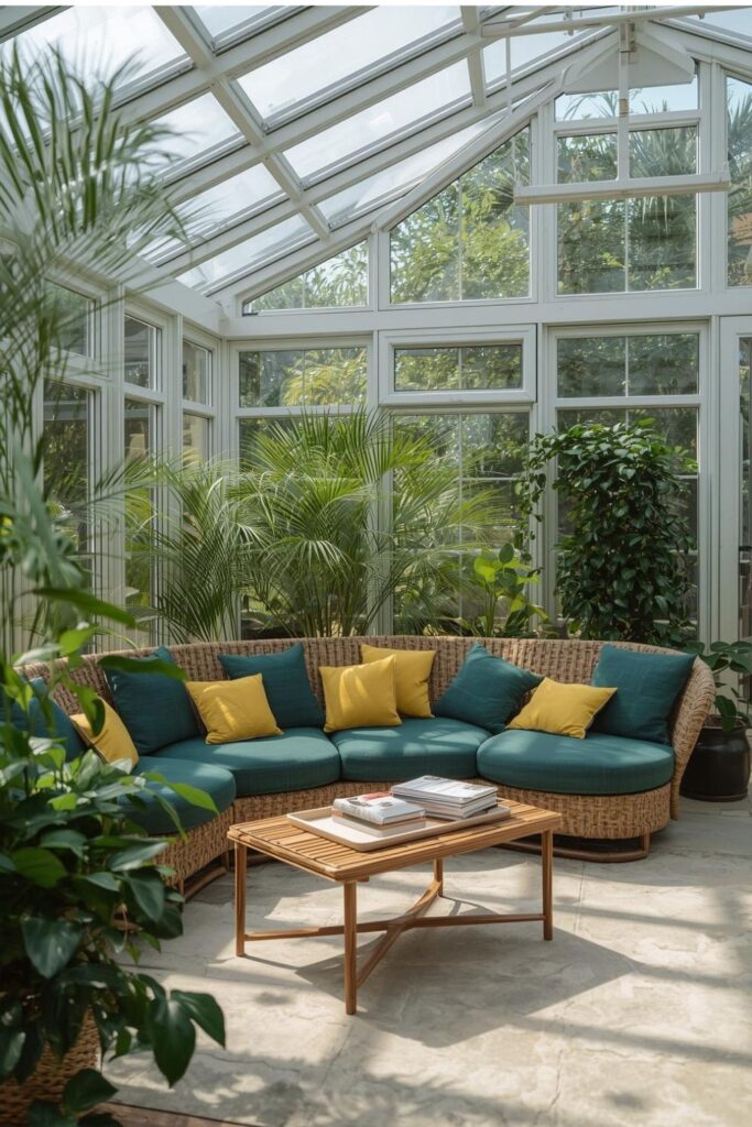 Indoor Greenhouse Lounge with Wicker Sofa and Teal Cushions