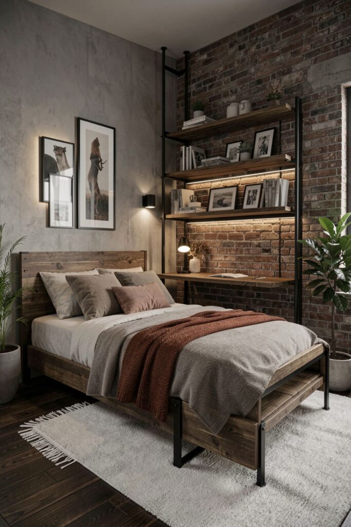 Industrial Built-In Bed Frame With Steel Ledger Desk Shelf