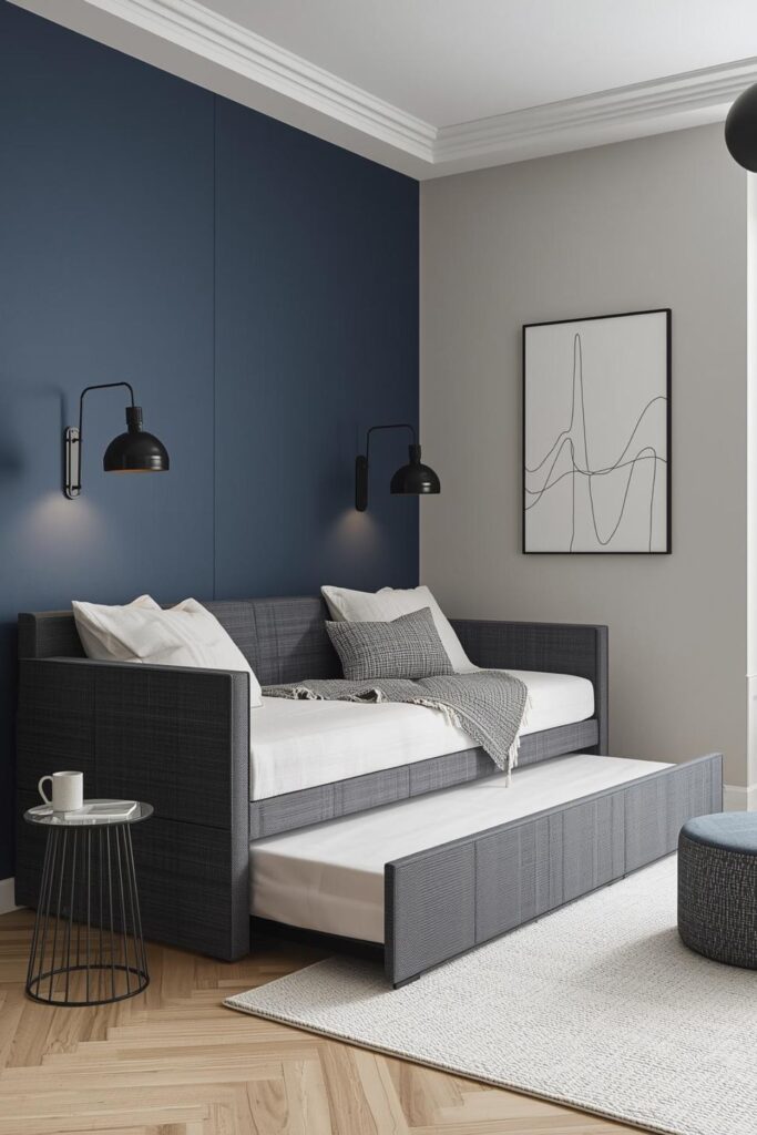 Ink Blue Guest Room With Slim Daybed and Hidden Trundle