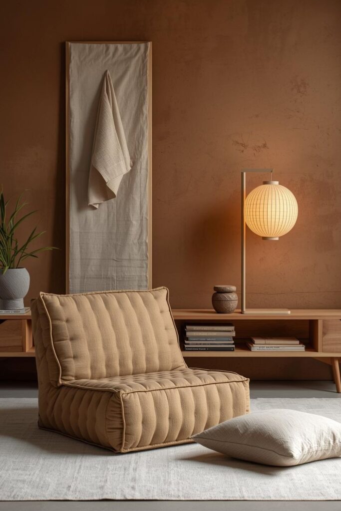 Japandi Floor Chair Nook With Ash Wood And Paper Lantern