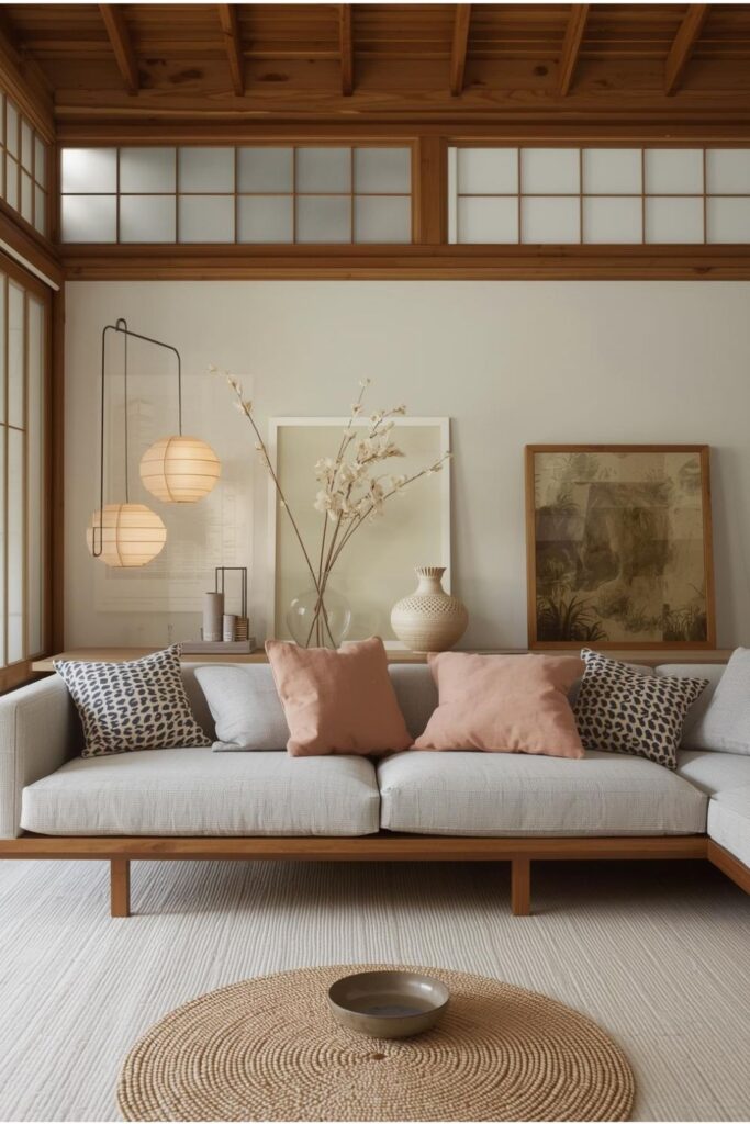 Japandi Low Sofa with Blush Paper Lantern and Clay DecorLow sofa, lantern lighting, and clay accents feel quietly luxurious.