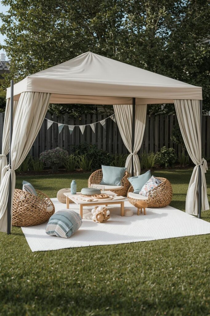 Kids-Friendly Soft Zone With Canopy And Outdoor Poufs