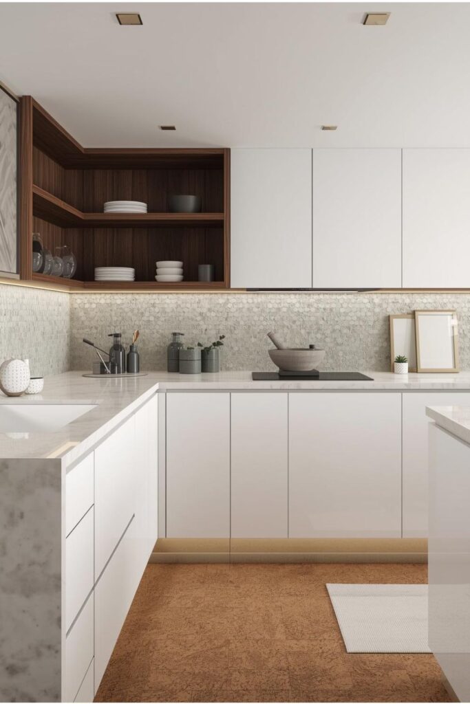 L-Shaped White Kitchen With Corner Open Shelving