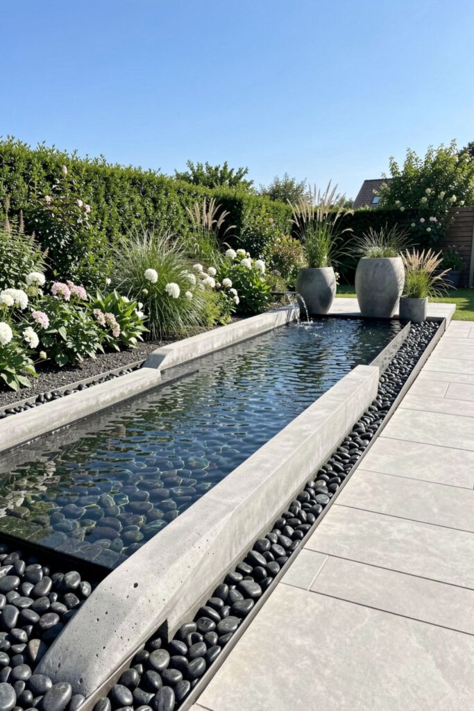 Linear Water Basin Garden With Dark Pebble Bed and Pavers