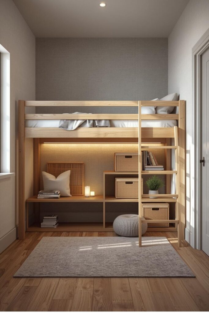 Loft Bed With Open Shelving and Matching Woven Basket Storage