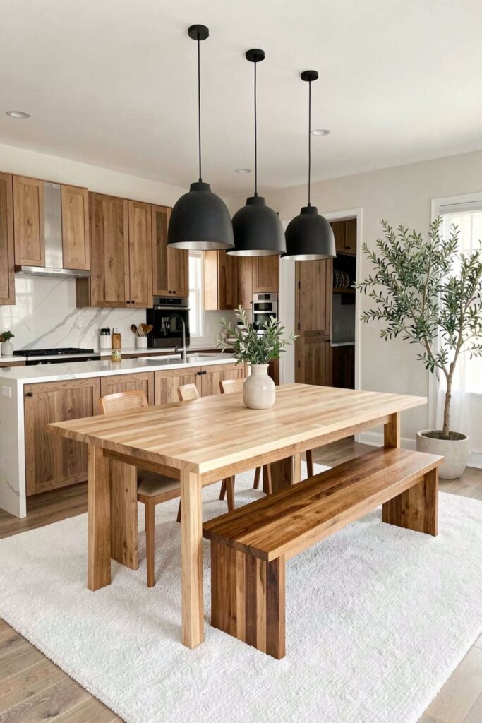 Loft Dining with Mixed Wood Tones and Open Kitchen Quartz Glow
