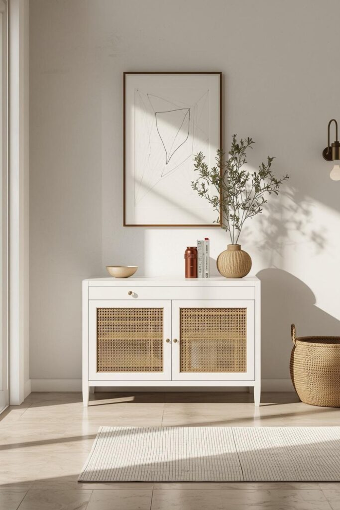 Low White Shoe Credenza With Cane Panels And Hidden Drawer
