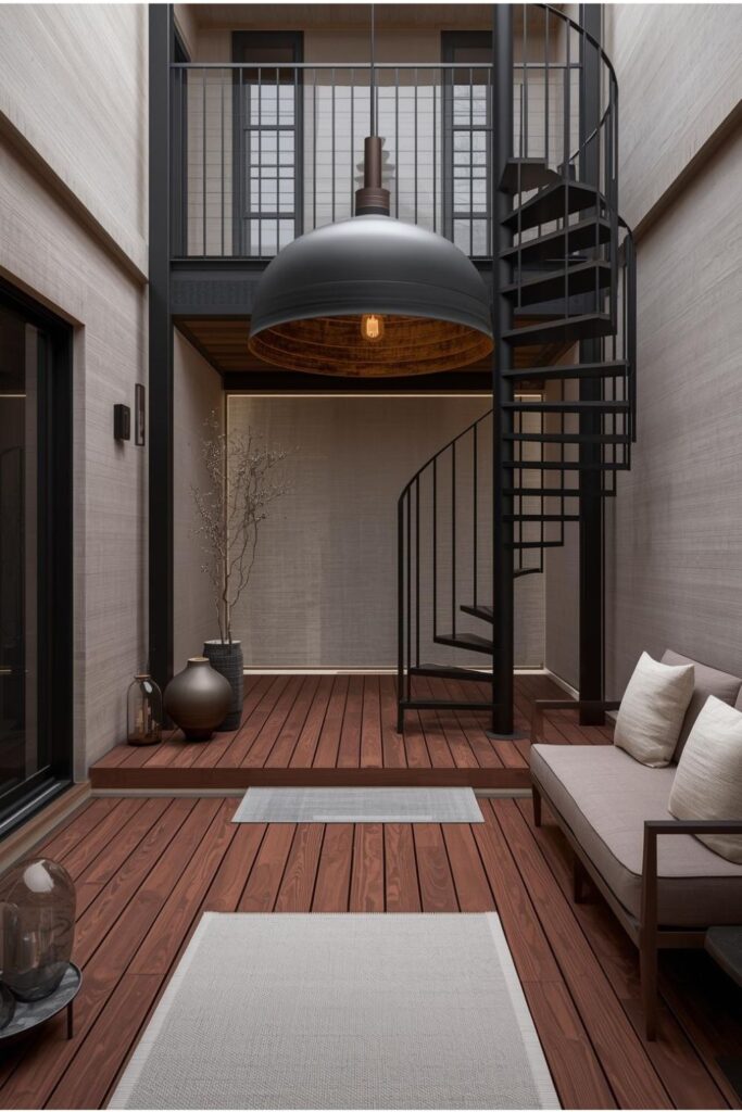Luxe Courtyard With Rosewood Deck and Spiral Stair Under Pendant