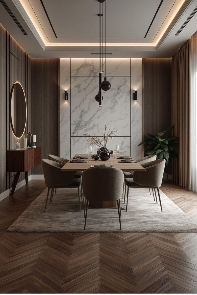 Marble Accent Wall Behind Dining With Minimal Floating Sideboard
