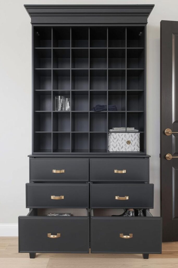 Matte Charcoal Shoe Cabinet With Open Grid Shelving