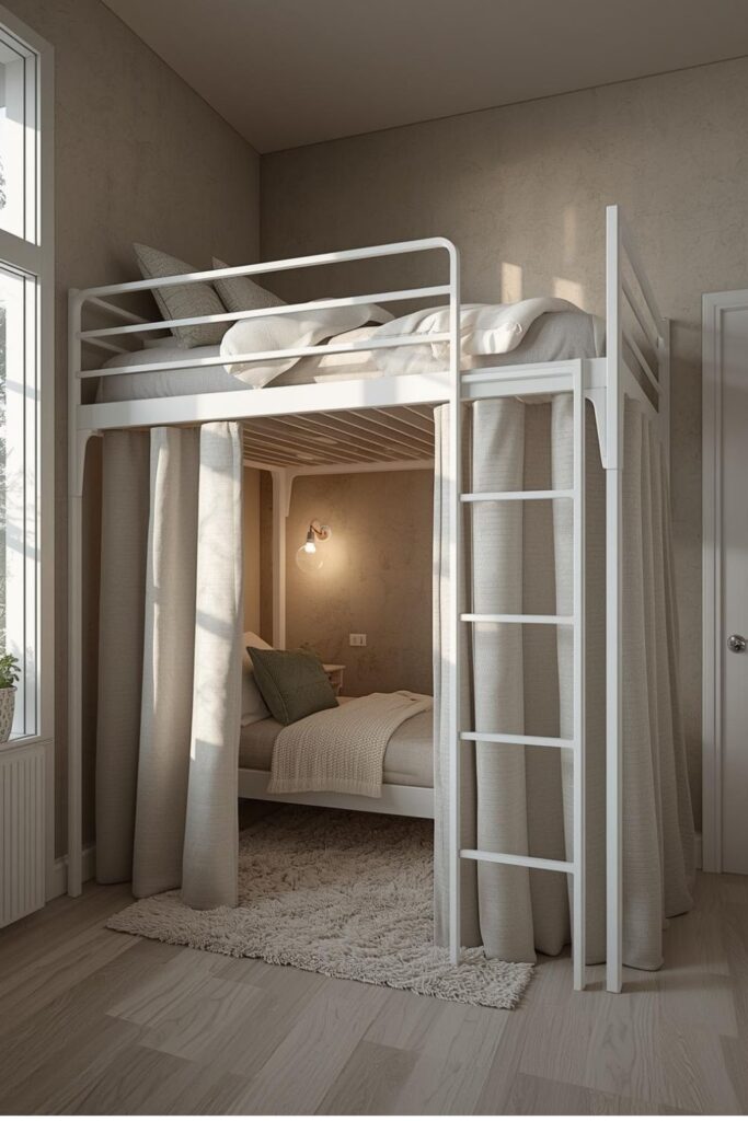 Matte White Metal Loft Bed With Curtain Hideaway Nook