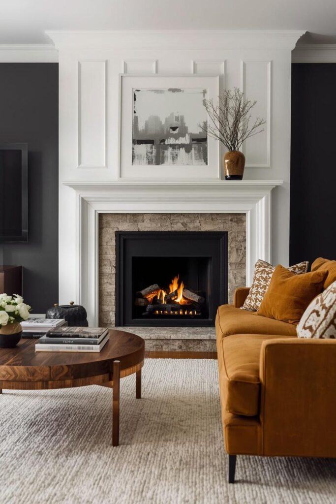 Matte White Mirror Frame Against Black Stone for Striking Balance