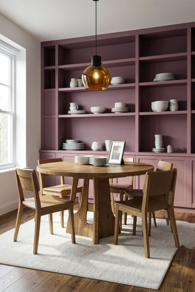 Mauve Built-In Shelves with Amber Pendant and Oak Round Table