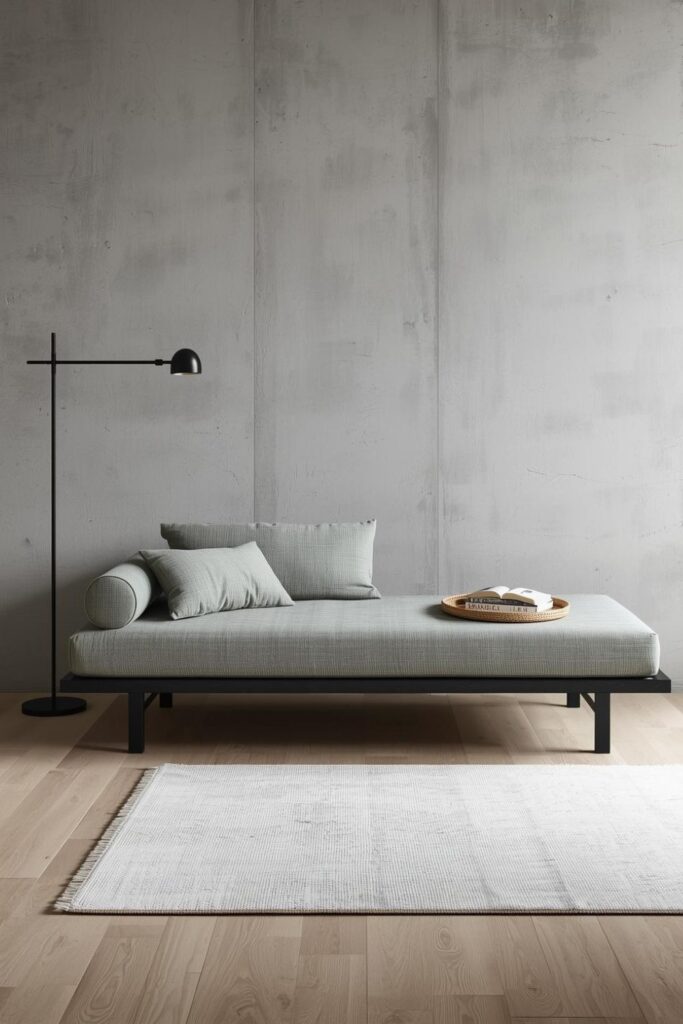 Minimal Daybed Nook With Sage Linen And Concrete Wall