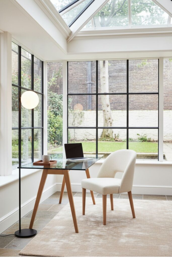 Minimal Glass Desk Sunroom Office For An Airy Look
