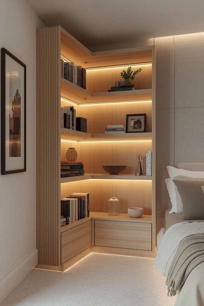 Minimal Maple Corner Book Tower With Invisible LED Strips