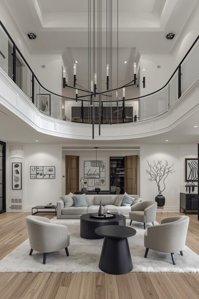 Minimal White and Black Double Height Room With Gallery Wall