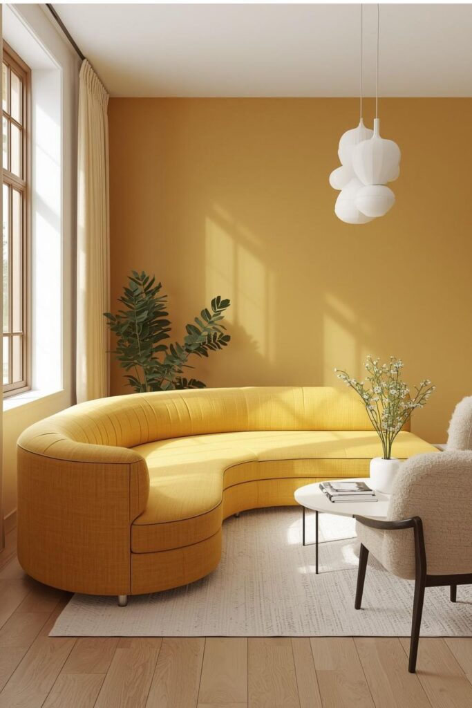 Minimal Yellow Living Room with Curved Sofa and White Pendants