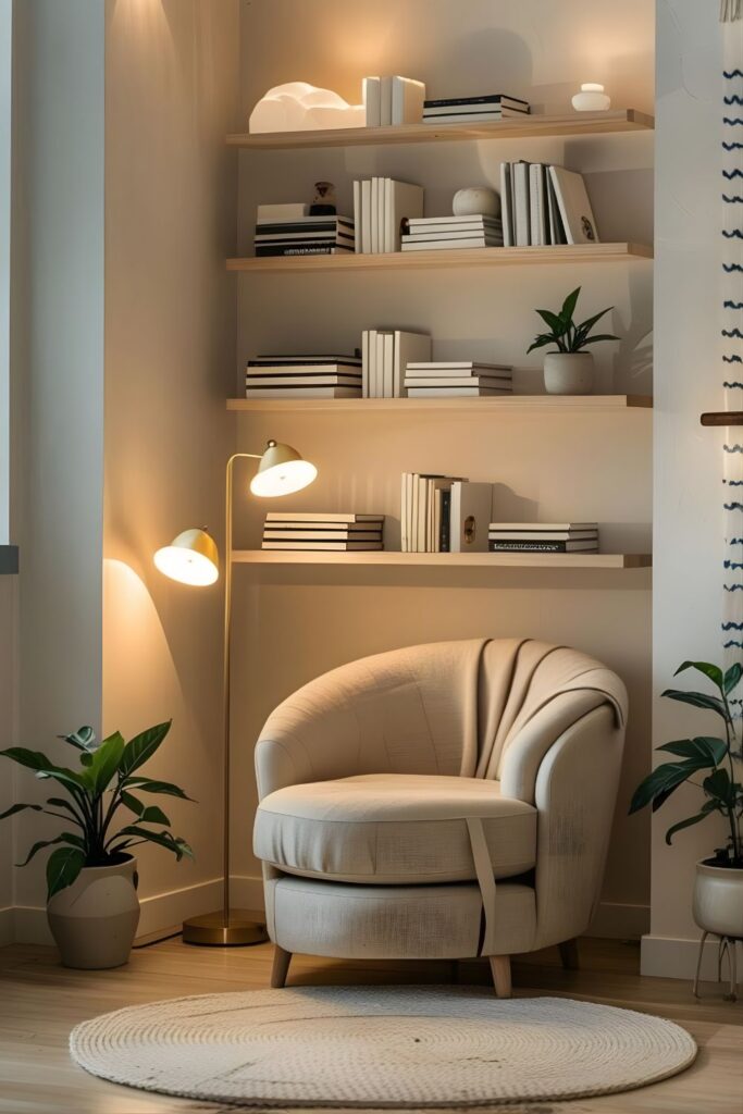 Minimalist Reading Corner with Warm Lighting and Clean Lines