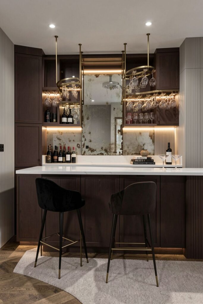 Mocha Built-In Bar with Antiqued Mirror and Hanging Glasses