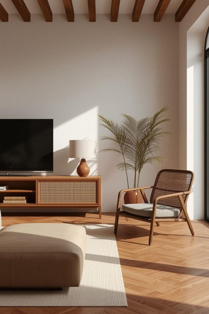 Modern Boho Living Room with Cane Details and Warm Wood