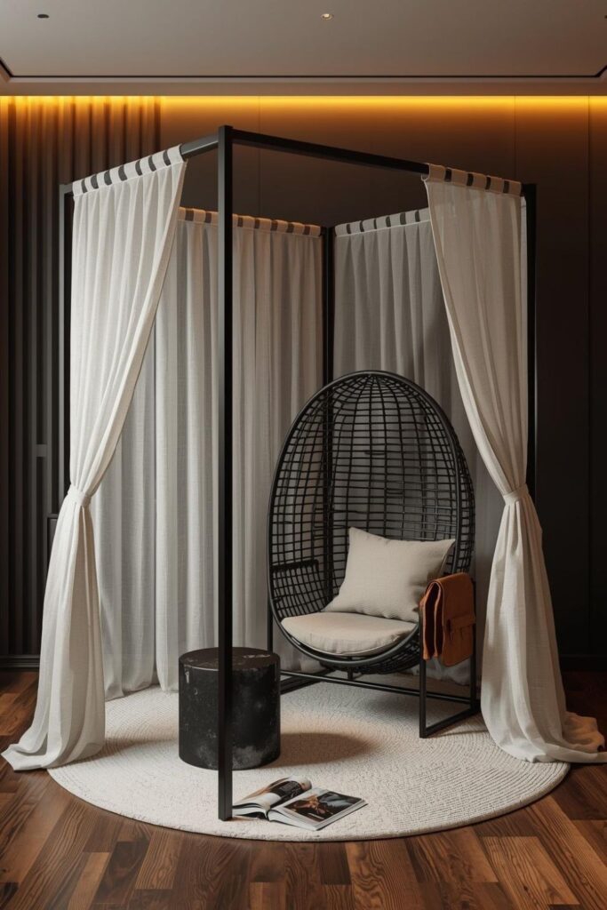 Modern Canopy Nook With Black Frame And Linen Sheers