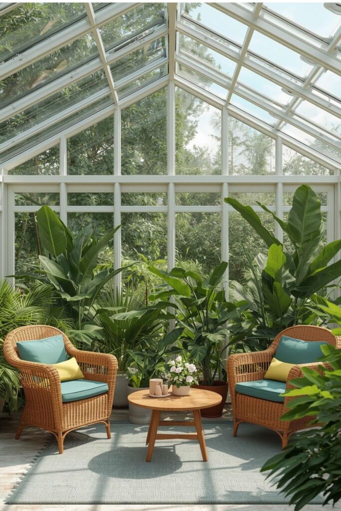 Modern Conservatory Seating with Teal and Yellow Cushion Styling