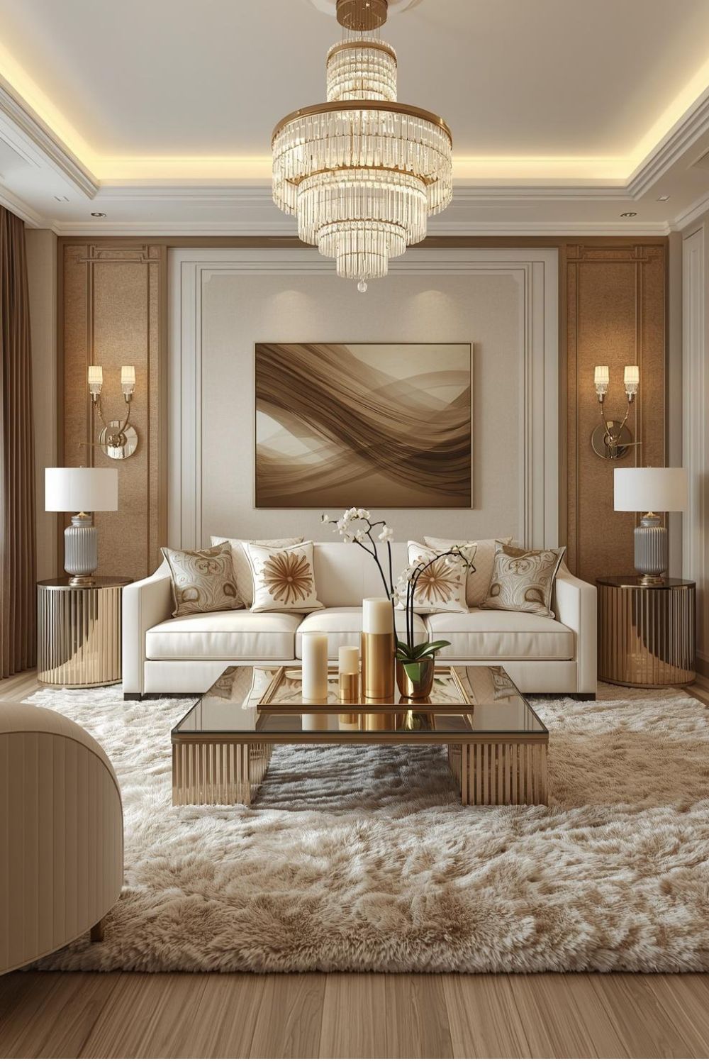 Modern Glam Luxury Living RooLuxury Living Room Ideas Modern Elegant & High-End Interior Design m With Curved Sofa and Champagne Accents