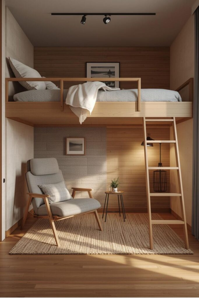 Modern Loft Bed Over a Lounge Chair Reading Corner