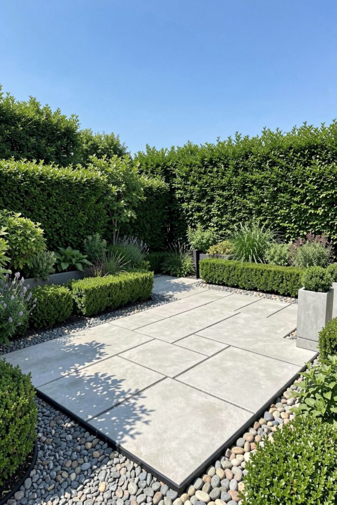Modern Paver Terrace Garden With Dense Hedge Backdrop