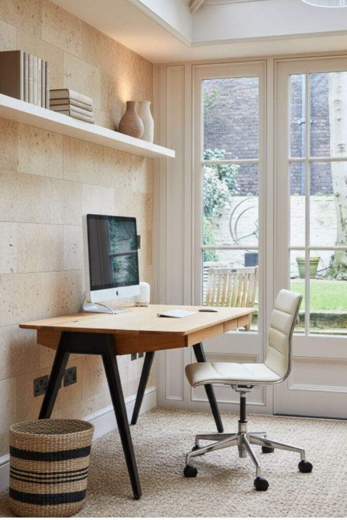  Modern Sunroom Office With Stone Accent Wall And Warm Neutrals