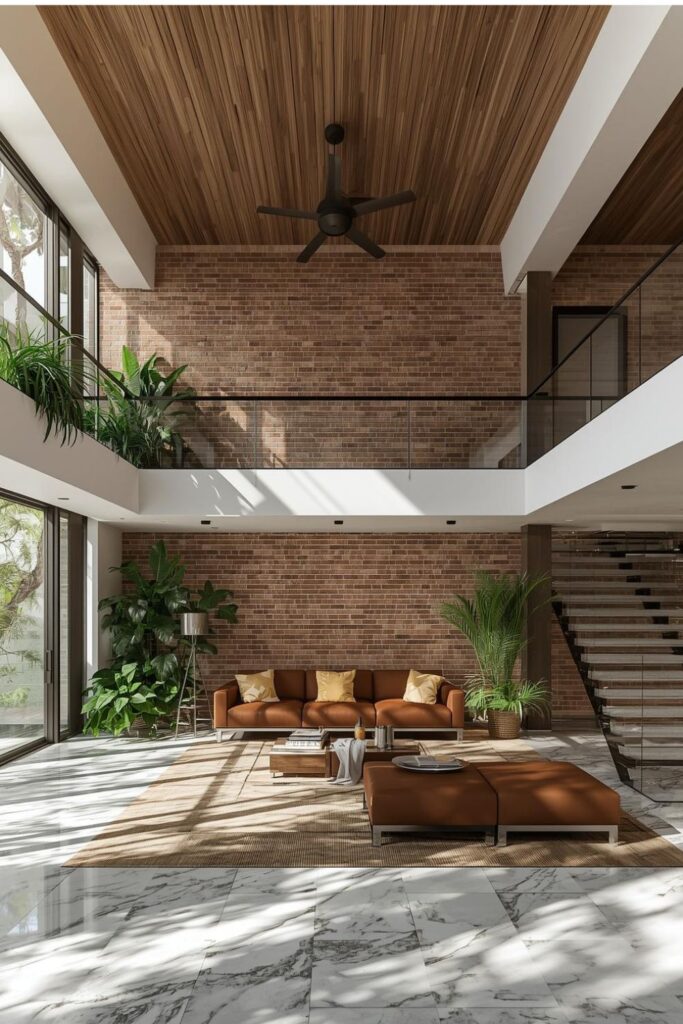 Modern Tropical Luxury Living Room With Marble Floor, Wood Ceiling, and Indoor Plants