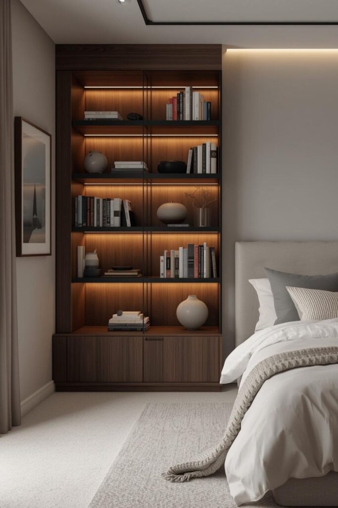 Modern Walnut Corner Bookshelf With Floating LED Shelf Lines