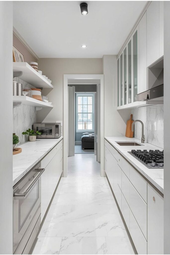 Modern White Galley Kitchen With Slim Open Shelves
