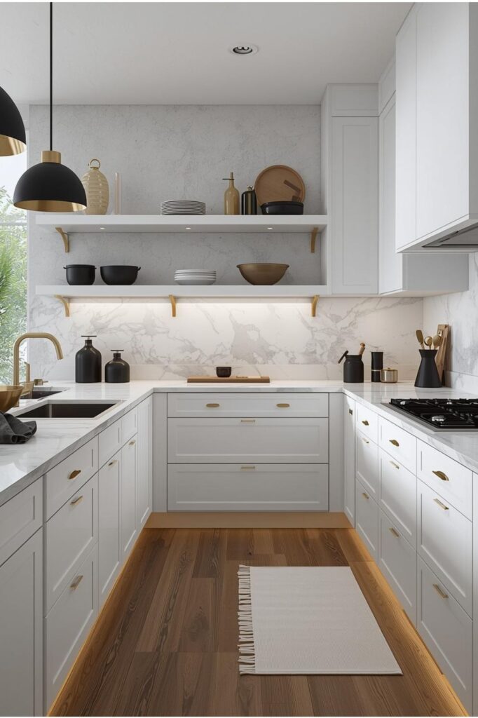  Modern White Kitchen With Marble and Brass-Peg Shelving