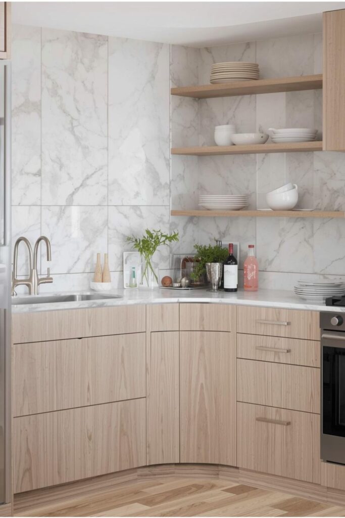 Modern White Kitchen With Marble and Curved Open Shelves
