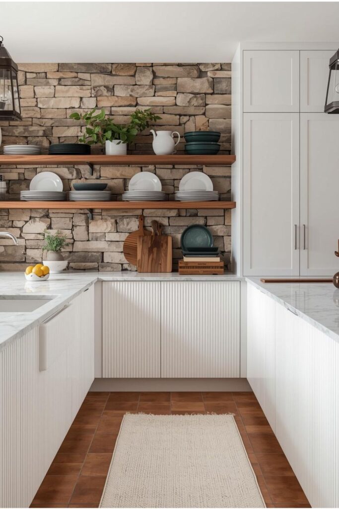 Modern White Kitchen With Ribbed Marble and Open Plate Rack