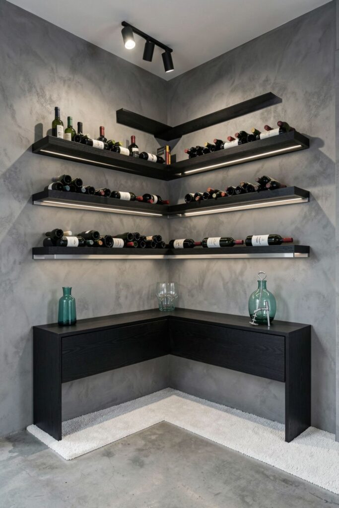 Modern Wine Rack Furniture Display With Open Shelving Lines
