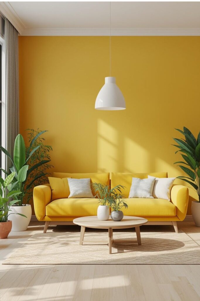 Modern Yellow Living Room with Indoor Plant Styling and Soft Neutrals