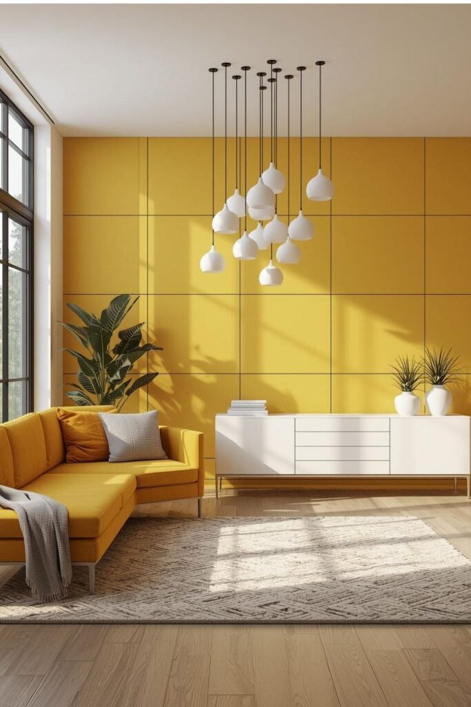 Modern Yellow Living Room with Statement White Pendant Cluster Lighting