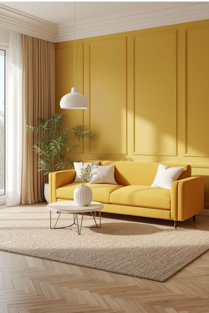 Modern Yellow Sofa Living Room with Paneled Feature Wall