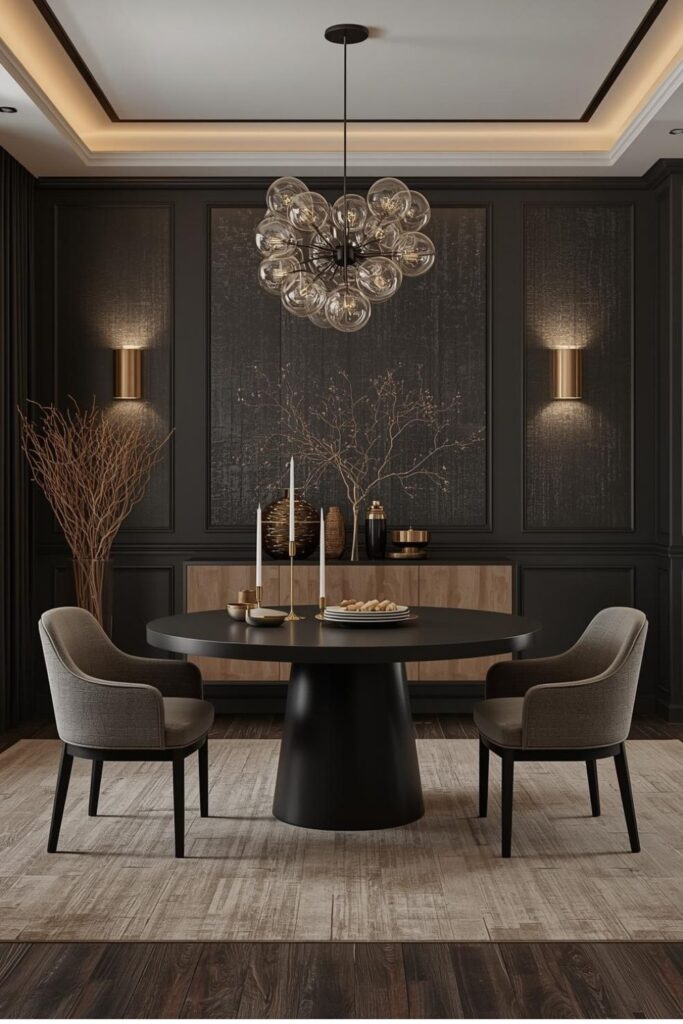Moody Charcoal Dining Room With Brass Globe Pendant Cluster