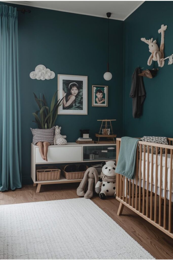 Moody Teal Nursery With Scandinavian Low Console Storage