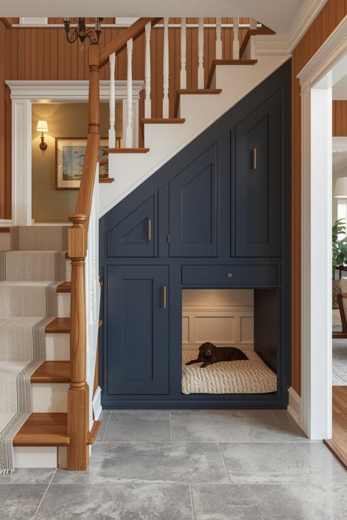 Navy Built-In Under Stair Dog House With Brass Sconce