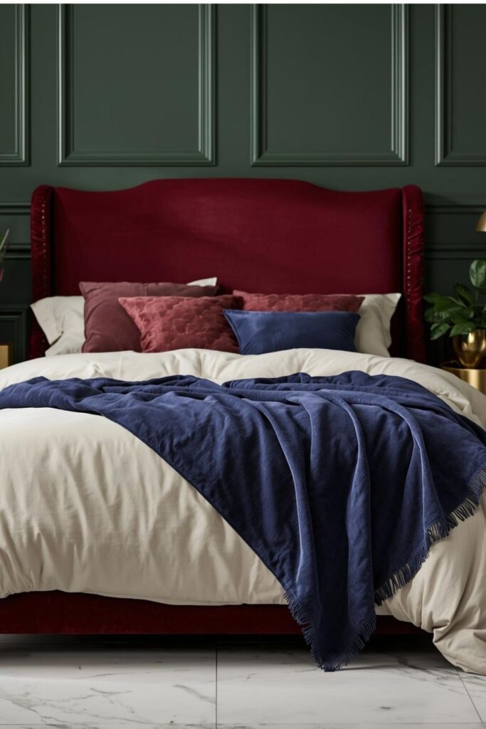 Navy Throw and Cream Bedding in a Burgundy Velvet Romantic Bedroom