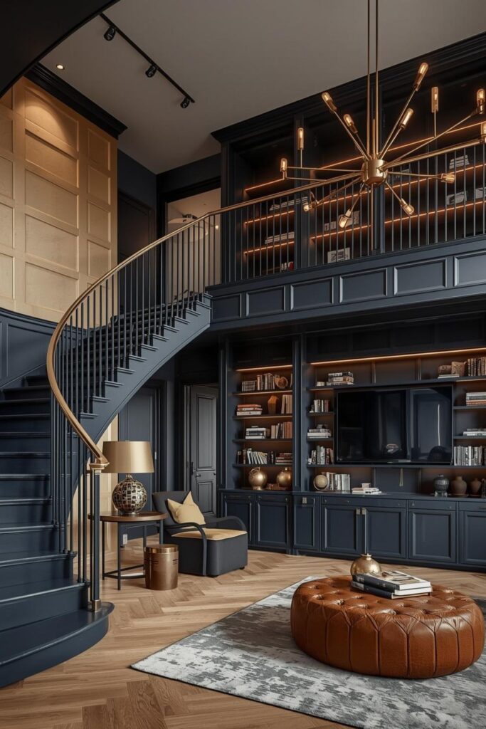 Navy and Brass Double Height Living Room With Built-In Library