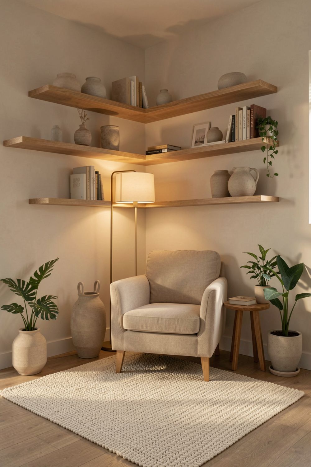 Neutral Living Room Styling that Highlights a Reading Spot