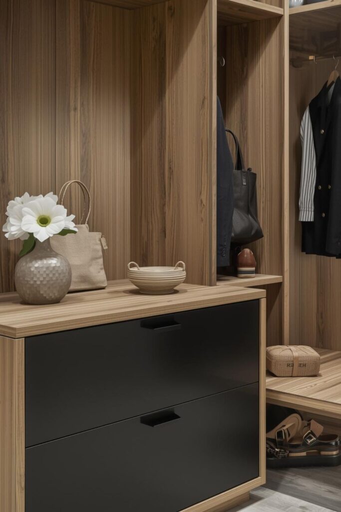 Olive Wood Cabinet With Black Slab Drawers And Asymmetric